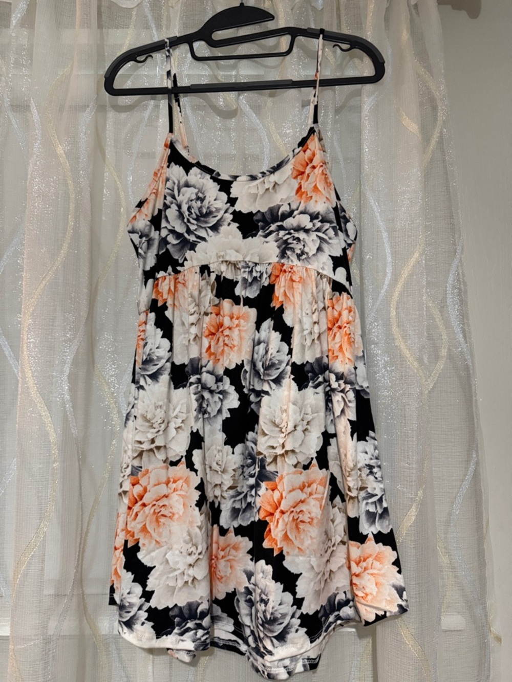 Floral Spaghetti-Strap Dress in Black, White & Peach